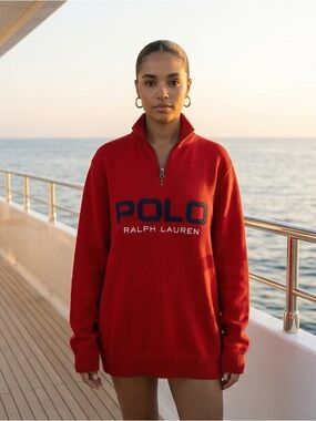 Polo by Ralph Lauren Red Half-Zip Sweater with Navy Logo